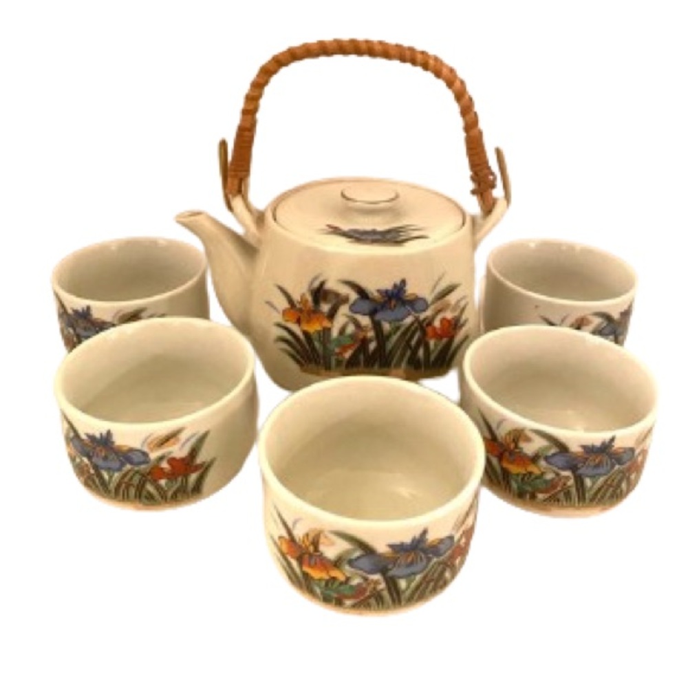 Vintage Japan Sake Tea Set Teapot  & 5 Cups Handcrafted Floral MCI